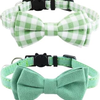 2 Pack Cat Collar with Bow Tie Solid Color Plaid Christmas Cute Kitten Collar Adjustable Soft Elegant Kitten Collar Small with Bell Green