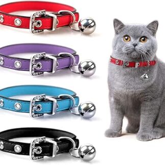 Luniquz Leather Cat Collars with Bell Polished Durable Metal Buckle Soft and Adjustable for Girls Kitty, Puppy, Small Dogs Fit 8.6"-10.2" /Black