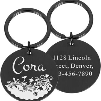 Customised Name Pet ID Tags Flower Cats Dogs Name Plate Pendant Engraved Address Tel for Cat Puppy Dog Collar Accessories, Black, S20 x 20 mm