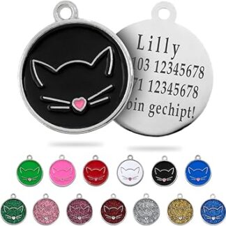 Ibera gifts - Cat Face Round Pendant - Personalized Address Tag for Medium to Large Cats - Alloy Metal 25x25mm - 4 lines engraved on the back (Black)