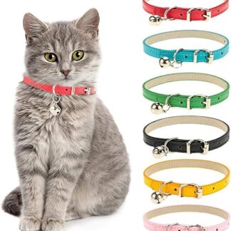 Yorgewd Cat Collars Leather with Removable Bell, Polished Durable Metal Buckle, Soft and Adjustable for Cats, Puppies, Small and Medium Dogs, Pack of 6