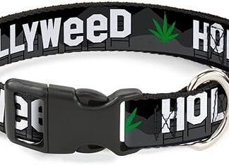 Buckle-Down Cat Collar Breakaway Hollyweed Sign Skyline Pot Leaf Black Grays White Green 9 to 15 Inches 0.5 Inch Wide
