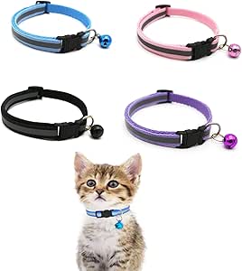 Cat Collar, Pack of 4 Reflective Cat Collars with Bell, Collar Cat with Safety Clasp, Adjustable Kitten Collar, Sonalised Pet Accessories for House Cats, Small Dogs