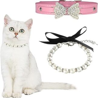 HACRAHO Dog Necklace Collar, Pack of 2 Adjustable Dog Leather Collar Cats Pearl Collar Rhinestone Cats Wedding Collar for Dogs Cats Puppies Pink and White