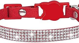 haoyueer Rhinestone Dog Cat Collars with Bell Bling Sparkly with Soft Velvet Crystal for Girls Red