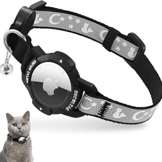 Reflective Airtag Cat Collar with Safety Lock and Bell, Adjustable Cat Collar with Apple Airtag Case (Black, Kitten 18-26 cm)