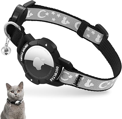 Reflective Airtag Cat Collar with Safety Lock and Bell, Adjustable Cat Collar with Apple Airtag Case (Black, Kitten 18-26 cm)