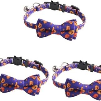 Beavorty Pack of 3 Halloween Bow Bell Choker Pumpkin Cat Collars Puppy Collars for Small Puppies Cat Bow Collar Breakaway Puppy Collar Rope Cloth Purple The Cat
