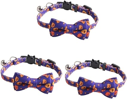 Beavorty Pack of 3 Halloween Bow Bell Choker Pumpkin Cat Collars Puppy Collars for Small Puppies Cat Bow Collar Breakaway Puppy Collar Rope Cloth Purple The Cat