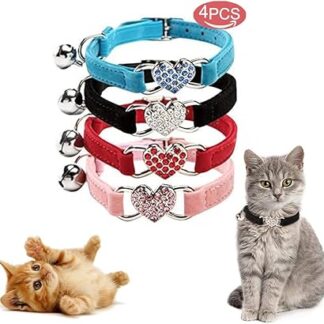 Kingkindsun Adjustable Cat Collar with Bell and Crystal Heart Pendant Soft Velvet Fabric Safe Collar 20-28cm
