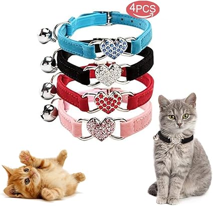 Kingkindsun Adjustable Cat Collar with Bell and Crystal Heart Pendant Soft Velvet Fabric Safe Collar 20-28cm