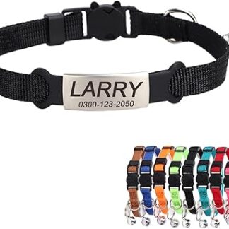 Personalised Cat Collar with Name Phone Number Safety Clasp Bell Thin Soft Kitten Cat Collar for Boys Girls Black