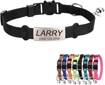 Personalised Cat Collar with Name Phone Number Safety Clasp Bell Thin Soft Kitten Cat Collar for Boys Girls Black