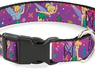Cat Collar Breakaway Tinker Bell Poses Flowers Stars Skull Purple 9 to 15 Inches 0.5 Inch Wide