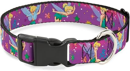 Cat Collar Breakaway Tinker Bell Poses Flowers Stars Skull Purple 9 to 15 Inches 0.5 Inch Wide