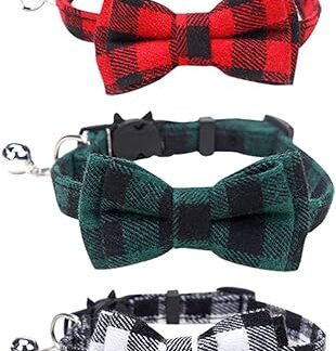 FSSTUD 3 Pcs Plaid Cat Collars Quick Release Safety Buckle Kitten Collar Adjustable Pet Collars Cute Plaid Cat Bow Tie Collars Breakaway Small Puppy Collars with Bells A