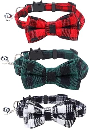 FSSTUD 3 Pcs Plaid Cat Collars Quick Release Safety Buckle Kitten Collar Adjustable Pet Collars Cute Plaid Cat Bow Tie Collars Breakaway Small Puppy Collars with Bells A