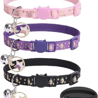 BINGPET Cat Collar with Pendant, 3 Packs - Adorable Safety Collar, Adjustable Glow in the Dark Kitten Collars with Star Pendant, Star and Moon