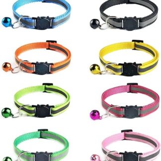 Ymwave Pack of 8 Nylon Cat Collars Reflective Cool Collars with Safety Buckle and Bell Adjustable 19-32 cm Cool Collars for House Cats Small Dogs