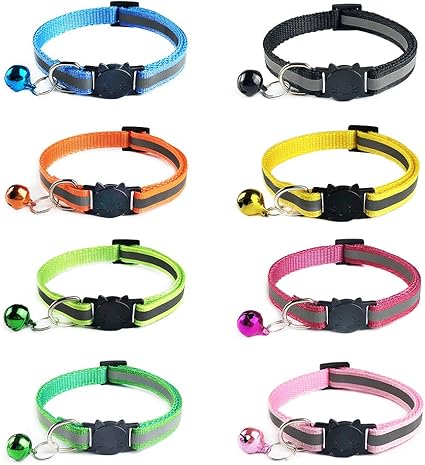 Ymwave Pack of 8 Nylon Cat Collars Reflective Cool Collars with Safety Buckle and Bell Adjustable 19-32 cm Cool Collars for House Cats Small Dogs