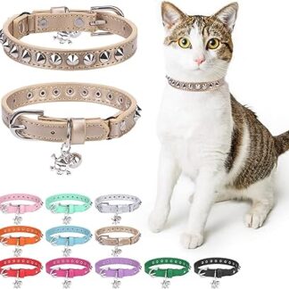 DILLYBUD Katzenhalsband aus Leder für Jungen, Mädchen, Katzen mit Glöckchen und elastischem Sicherheitsgürtel, personalisierte Nieten, verstellbare sichere Schnalle, Halsband mit Totenkopf-Anhänger