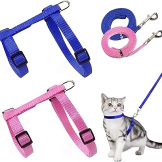 Pack of 2 Adjustable Nylon Harnesses, Cat Lead, Blue Pink Harnesses, Cat Lead, Kitten Collar, Soft Cat Harness with Lead for Kittens, Puppies