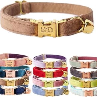 Cat Collar Personalized with Name Engraved and Bell, Customized Velvet Collars for Puppy Kittens (S (6"-10"), Brown)