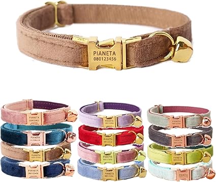 Cat Collar Personalized with Name Engraved and Bell, Customized Velvet Collars for Puppy Kittens (S (6"-10"), Brown)