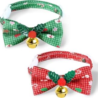 NECXON Cat Collars with Bell and Bow Tie, Elegant Cat Collar, Adjustable Cat Collar, Christmas Designed Cat Collar, Soft Cat Collar (Red and Green)