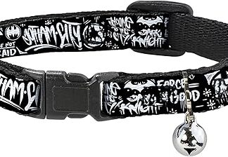 Buckle Down Batman Gotham City Cat Collar with Bell Plastic Clip Easily Adjustable 8.5" to 12" - 0.5" Wide