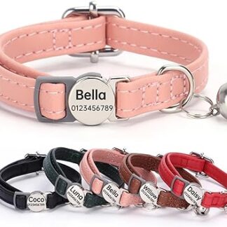 SEOUGEE Genuine Leather Cat Collar, Quick Release with Personalised Name Plate, Tear Off Kitten Collars with Removable Bell and Safety Clasp, Engraved Buckle