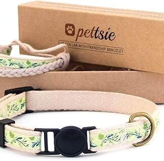 Pettsie Cat Collar and Friendship Bracelet Set, Safe Design with Soft Cotton, D-Ring for Accessories, Easy Adjustable Size 19-29 cm, Green