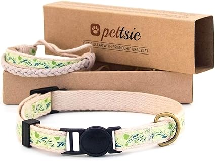 Pettsie Cat Collar and Friendship Bracelet Set, Safe Design with Soft Cotton, D-Ring for Accessories, Easy Adjustable Size 19-29 cm, Green