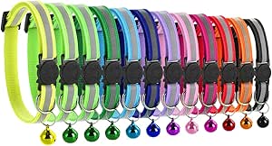 Pack of 12 Cat Collars with Bell, Reflective Fluorescent with Quick Release / Safety Buckle, Adjustable 19-32 cm, Suitable for Most Domestic Cats