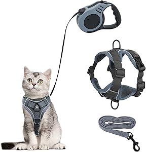 Cat Harness and Cat Lead Set, Automatic Retractable Dog Lead with Harness for Cats, Escape Proof Cat Lead, Cat Harness Set with Lead for Cats, Kittens, Dogs (M, Grey)