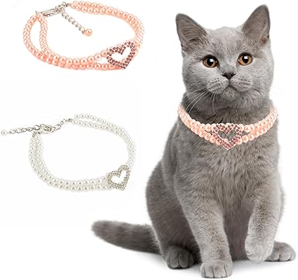 Ranphy 2 Row Dog Cat Pearl Necklace Collar with Crystal Rhinestone Heart Pendant Charm Pet Jewellery for Dog Cat Puppy Kitten Wedding Dress Accessories, Pink, S