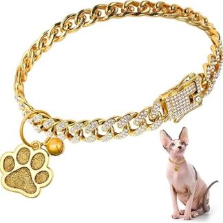 Hillban Cat Collar, Diamond Chain, Glitter Collar, Metal with Secure Buckle, Cat Pet Necklace with Paw Charm Link, Cuban Jewelry Accessories with ID Tag, Bell (10 inch, Gold)