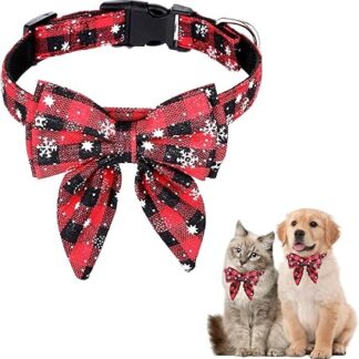 Christmas Dog Collar, Christmas Collar Dog, Cat Collar with Bow, Bow Tie for Dogs, Cute Checked Pattern, Dog Christmas Costume, Pet Collar for Kittens and Dogs (M)