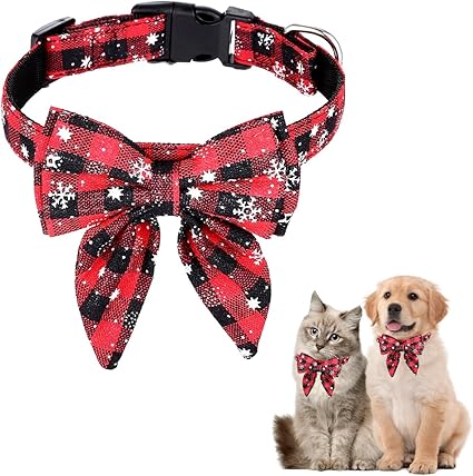 Christmas Dog Collar, Christmas Collar Dog, Cat Collar with Bow, Bow Tie for Dogs, Cute Checked Pattern, Dog Christmas Costume, Pet Collar for Kittens and Dogs (M)