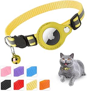 Mouyou Airtag Cat Collar, Airtag Collar Cat Soft Nylon Reflective with Bell and Safety Clasp, Tracking Cat Collar with Holder, Airtag Case, Adjustable from 22-34 cm, Yellow