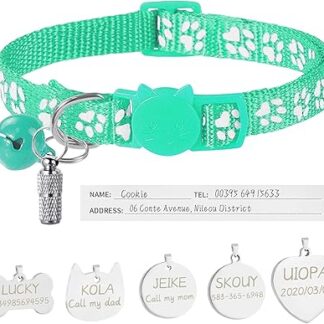 Uiopa Cat Collar with Safety Clasp + Dog Tag with Engraving + Address Tag, Dog Collar with Name & Bell, Adjustable Collar for Cats and Dogs (Mint Green)