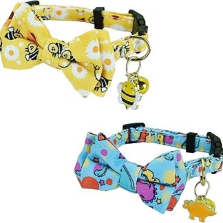 Newtensina Fashion 2 Pieces Cute Bee Dinosaur Pattern Cat Collar with Bee Dinosaurs Pendant for Cats - Yellow Blue