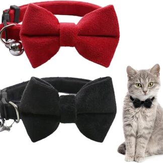 RTRTGS Pack of 2 Velvet Cat Collar with Bell and Bow Tie Adjustable for Small Puppies Safety Bow Tie Plain for Weddings Basic Colour Cat Bow Tie, Firm