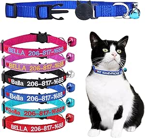 2 Pieces Personalized Cat Collar, Custom Embroidered Cat Collars with Name and Phone Number, Nylon ID Collar for Cats or Kittens, Safety Clasp with Bell