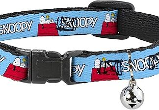 Peanuts Worldwide LLC Cat Collar, Breakaway Collar with Bell, Peanuts Snoopy and Woodstock, Kennel Pose and Text, Sky Blue, 8.5 to 12 inch, 0.5 inch Wide