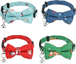 Pack of 4 Christmas Cat Collars, Adjustable Cat Collar with Christmas Bow Tie, Holiday Kitten Collar, Christmas Cat Collars, Christmas Accessories for Cats and Dogs