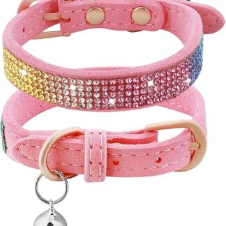 TIESOME Rhinestone Cat Collar with Bell, Cute Soft Adjustable Small Pet Puppy Collar Sparkling Flashing Pink Cat Collar for Small Dogs Cats (Small Size)