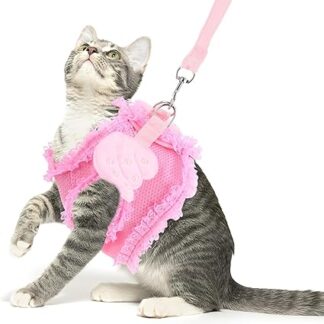 balacoo Cat Harness and Lead Set - Pink Adorable Pet Cat Dog Rabbit Harness and Lead Set with Lace Artificial Pearl Angel Wings