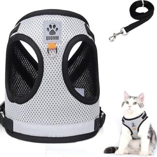 Cat Lead Set for Cats, Polyester Adjustable Cat Harness with Lead, Cat Vest with Reflective Strips for Kittens, Dogs (Grey, M)