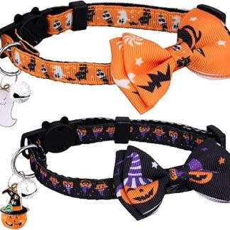 Pack of 2 Halloween Cat Collar, Adjustable Cat Collar with Bow Tie, Separable Ghost Pumpkin Pattern, Cat Collar with Bell, Decoration Accessories for Puppies and Kittens